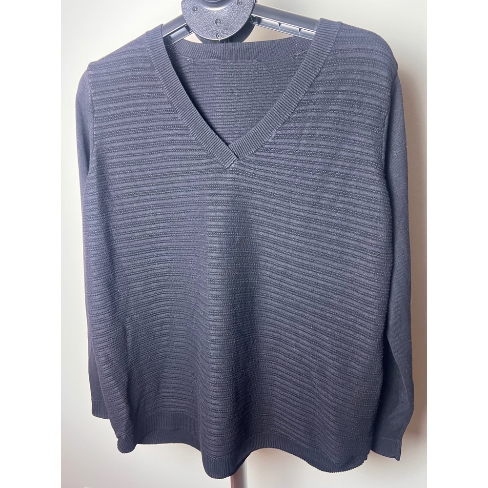Minimalist V-Neck Ribbed Knit Sweater Women XXL Black Soft Layering Fall Fashion